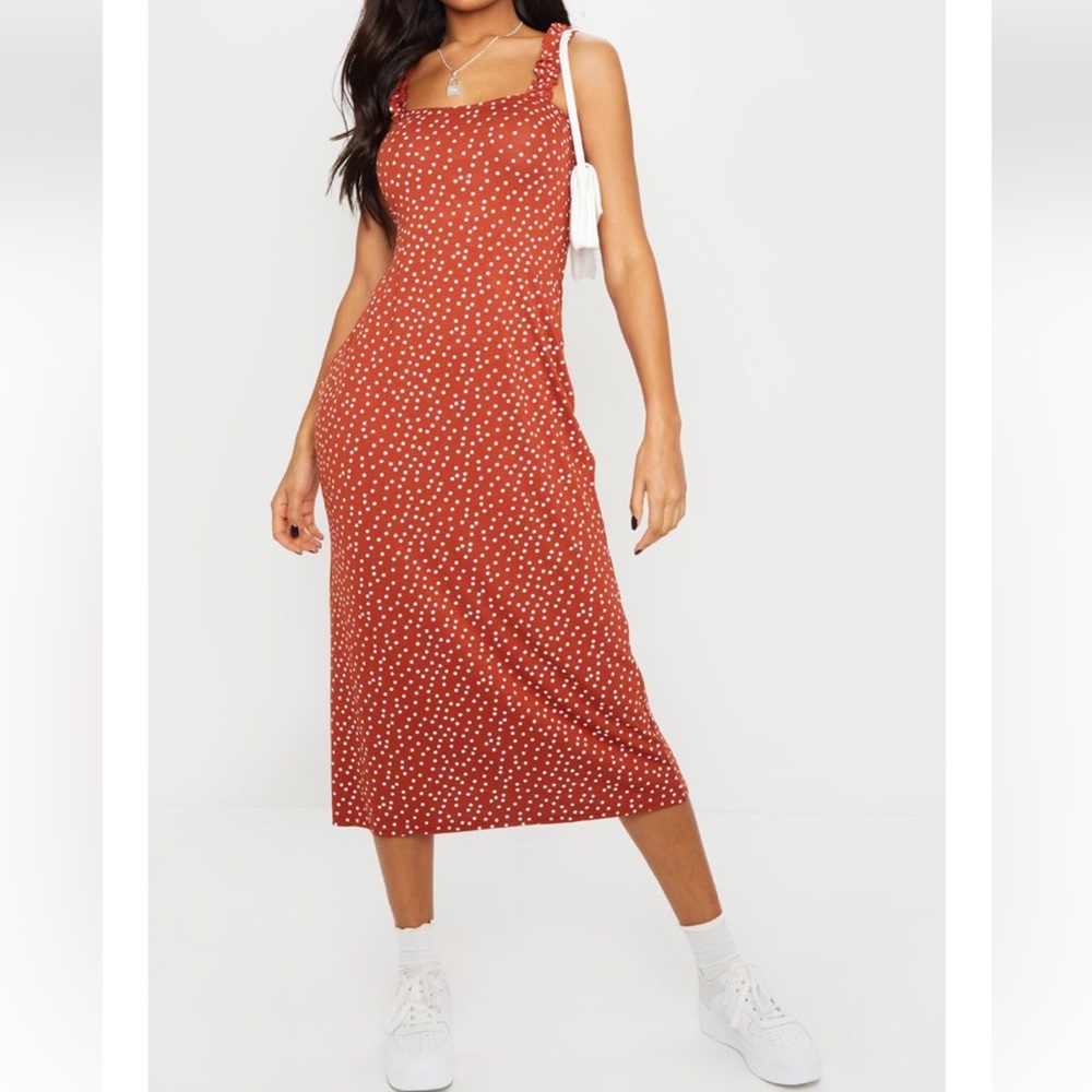 PLT 2 Terracotta Brown Burnt Rust Red Orange Polka Dot Dress Ruffle Strap